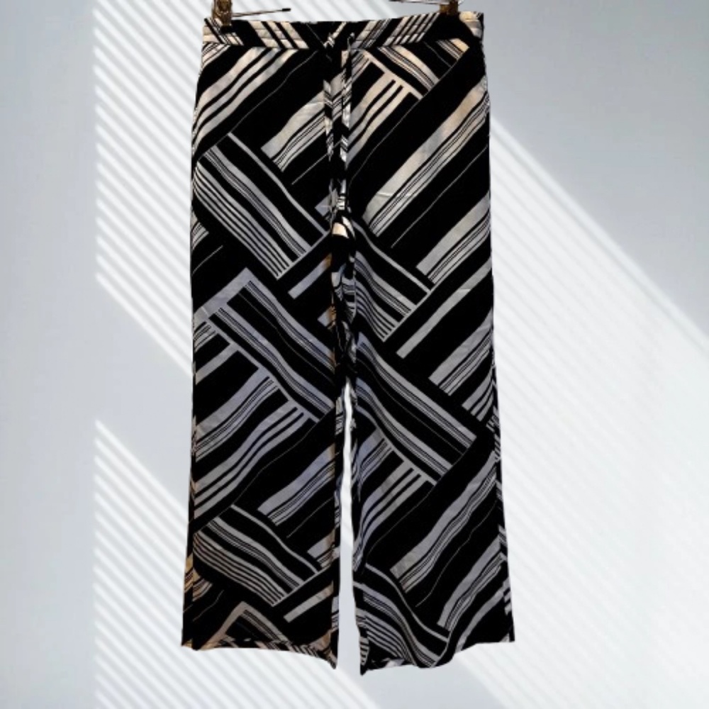 Liz Claiborne Womens Geo Print Navy Blue & White Wide Leg Lined Pants Pockets Lg